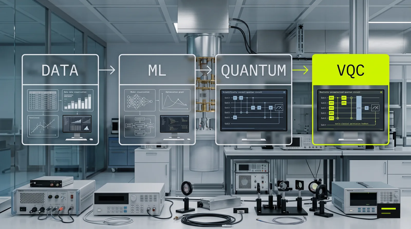Pipeline from data to machine learning to quantum, ending in a highlighted variational quantum circuit (VQC) stage, set in a quantum lab.