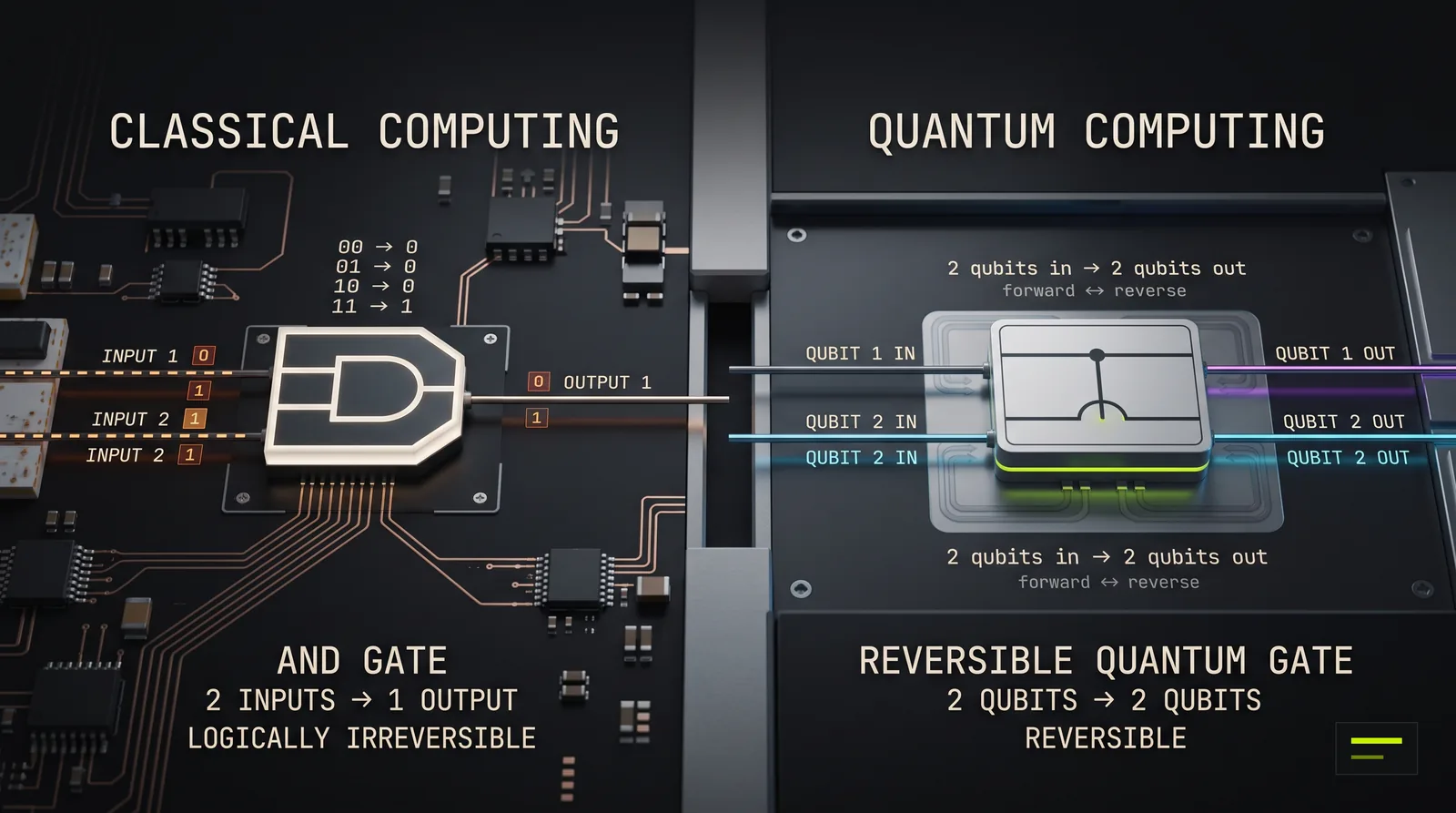 Classical AND gate with two inputs and one output, which loses information, beside a reversible quantum gate with two qubits in and two out.