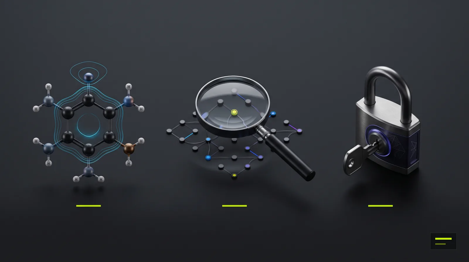 Three quantum computing applications shown as icons: molecule simulation, search and optimization, and encryption.